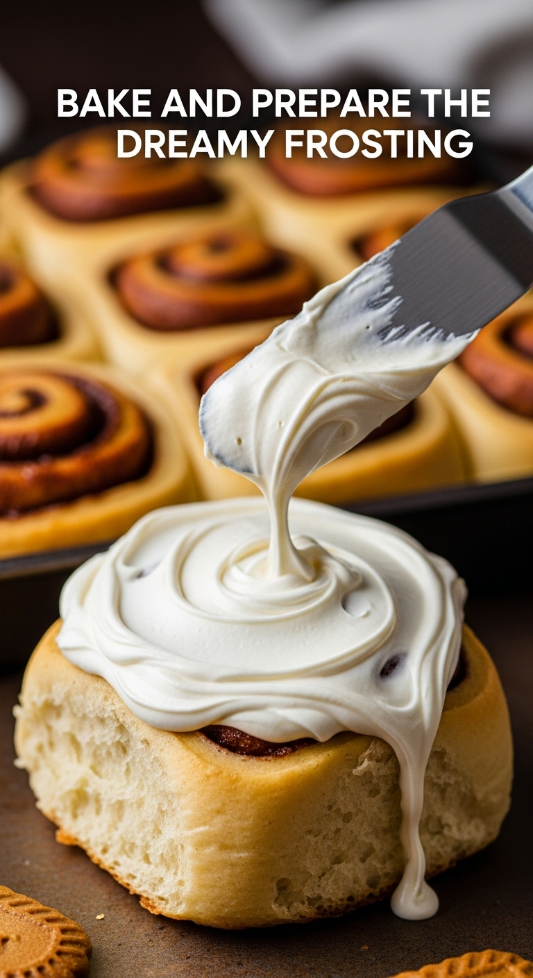 Spreading Biscoff Cream Cheese Frosting On Warm Cinnamon Roll With Frosting Dripping Down Side