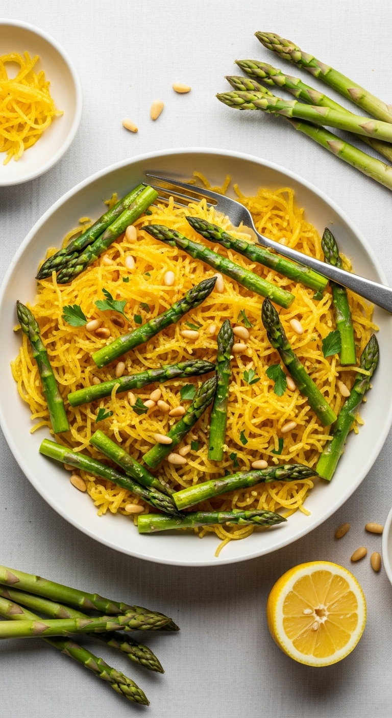 Spring Asparagus And Lemon Spaghetti Squash With Pine Nuts In A Vibrant Serving Bowl On A Light Fabric With Lemon Slices And Raw Asparagus