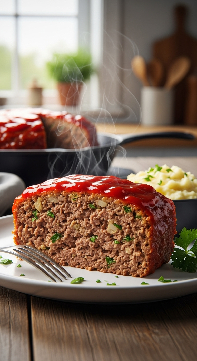 Stove Top Stuffing Meatloaf Slice With Caramelized Ketchup Glaze On White Plate With Mashed Potatoes Parsley And Rustic Wood Table