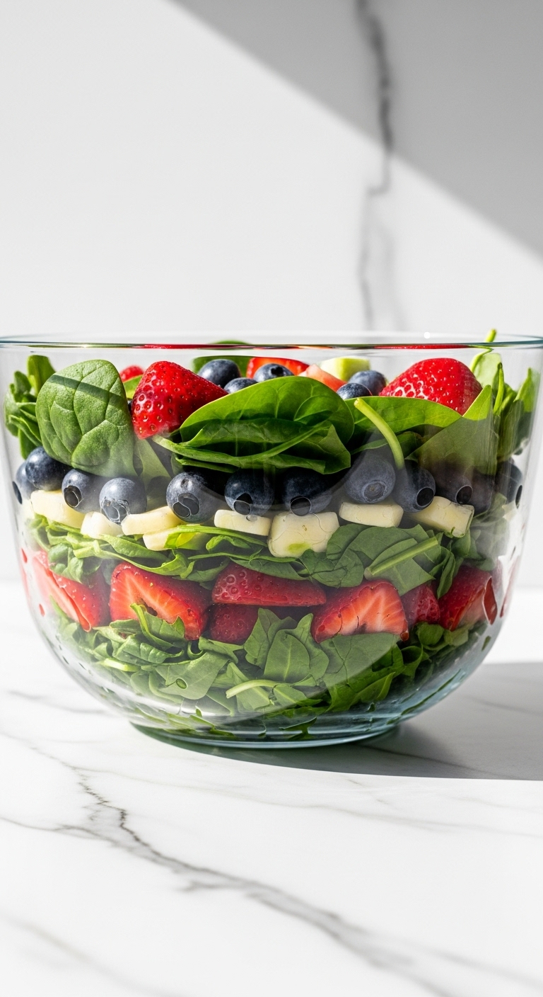 Strawberry Blueberry Spinach Salad Glass Bowl Blog Post