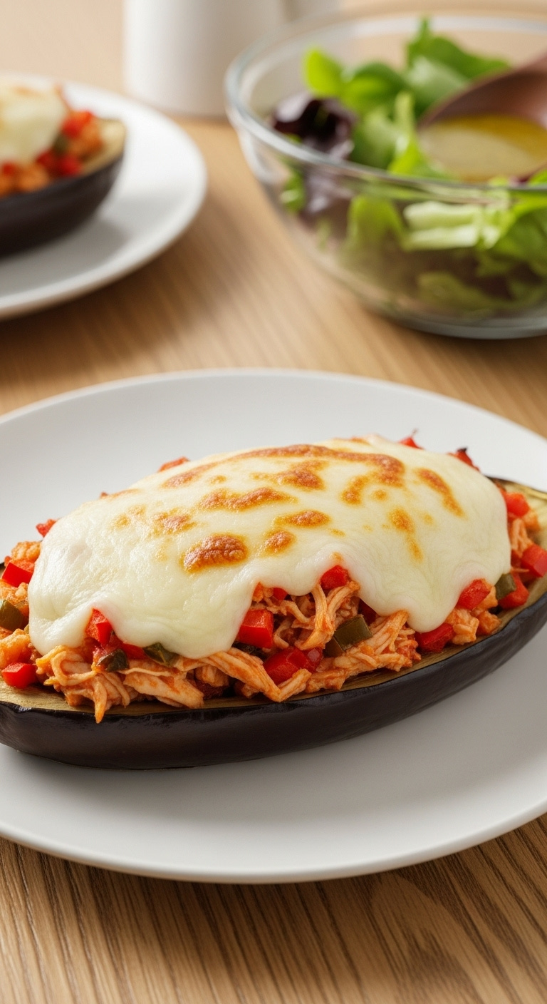 Stuffed Eggplant With Chicken Red Peppers And Melted Mozzarella On White Plate Family Friendly Scene With Side Salad On Light Oak Table