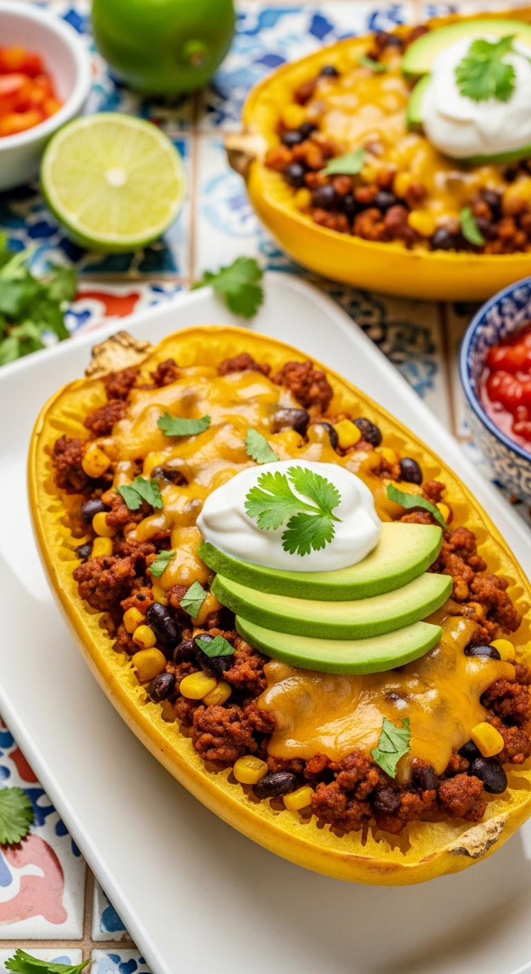 Stuffed Spaghetti Squash Burrito Boat With Ground Meat Black Beans Corn Melted Cheddar Sour Cream Avocado Cilantro Flat Lay On Tiles With Lime