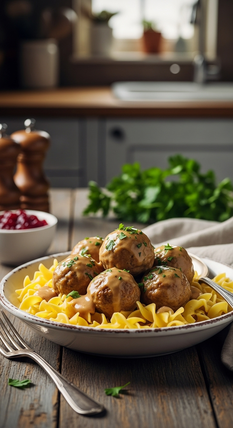 Swedish-Meatballs-Egg-Noodles-Creamy-Sauce-Parsley-Wood-Table-85Mm-Lens-Portrait
