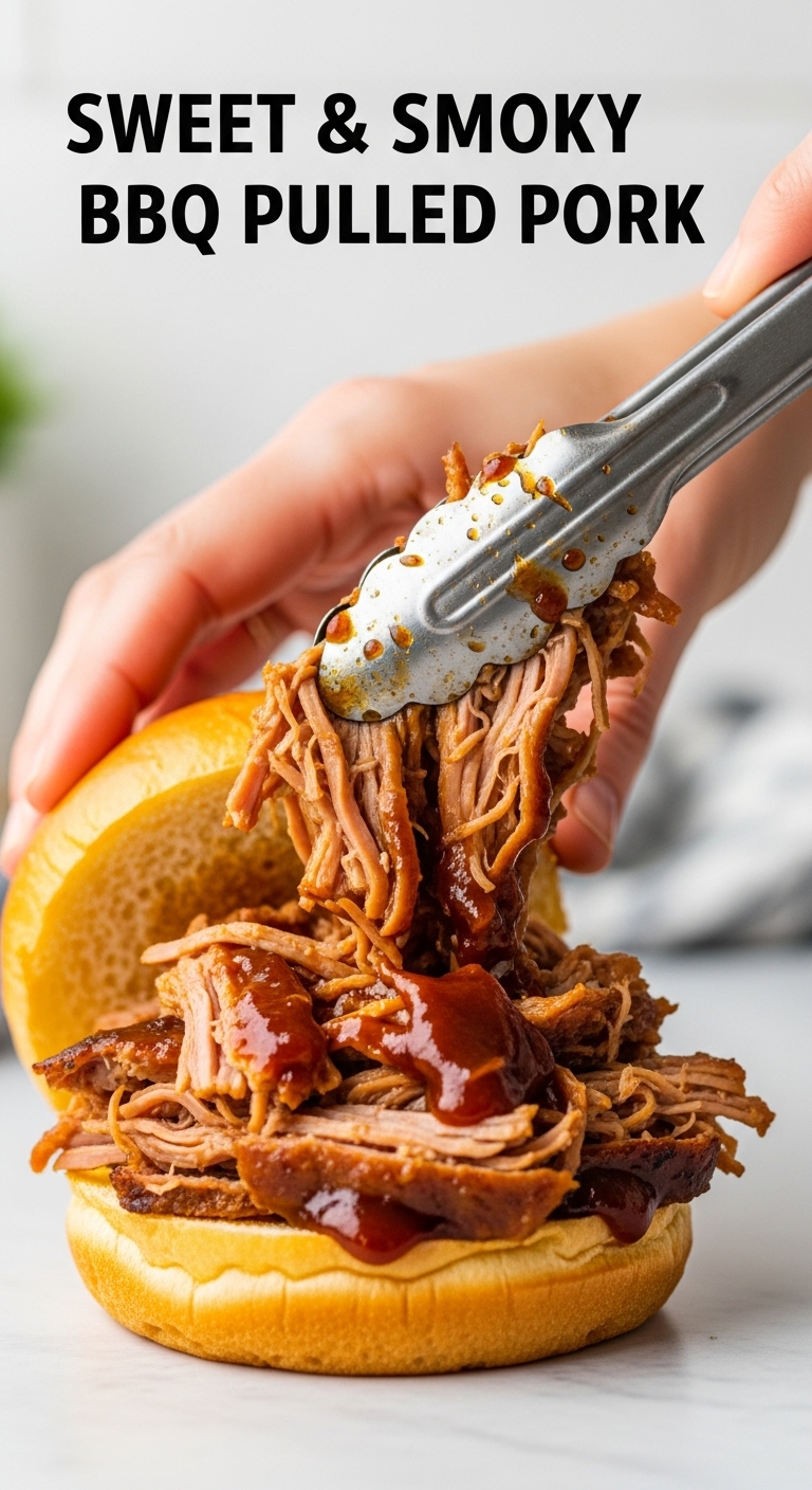 Sweet And Smoky Bbq Pulled Pork Being Piled Onto Brioche Bun With Tongs And Glossy Sauce In Clean Kitchen Setting