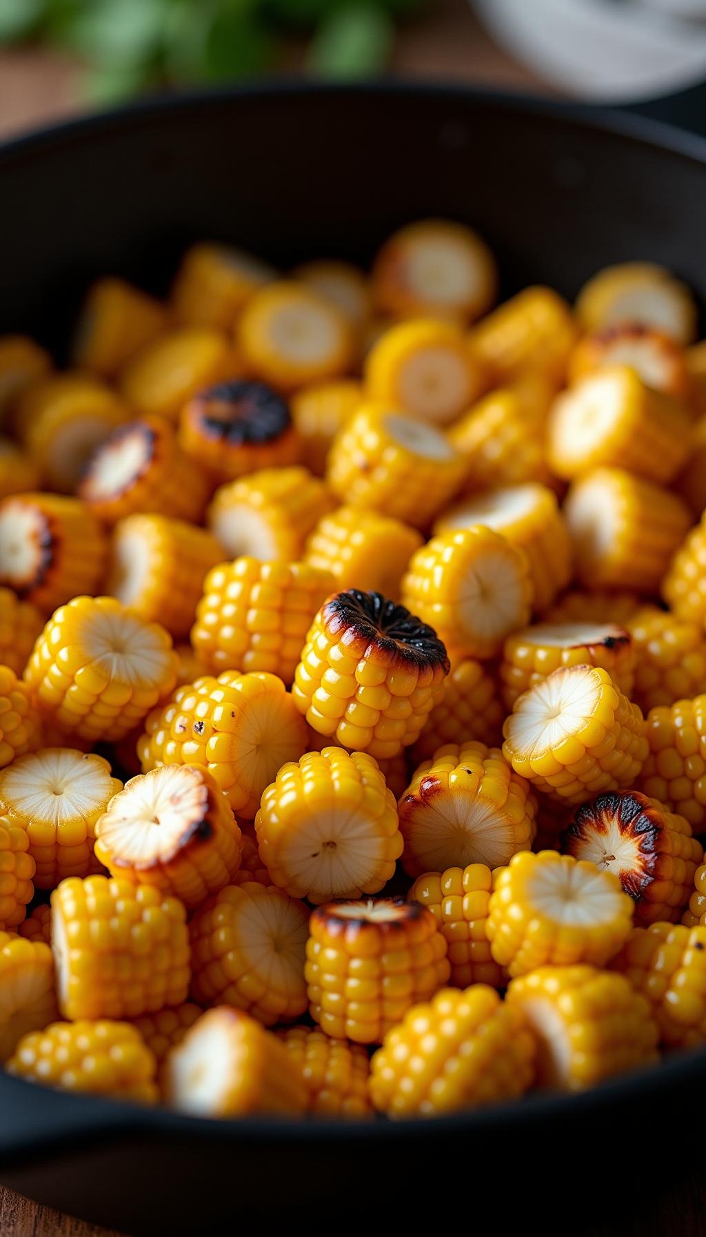 Sweet Corn Kernels Charring In Black Cast Iron Skillet With Smoky Char Marks