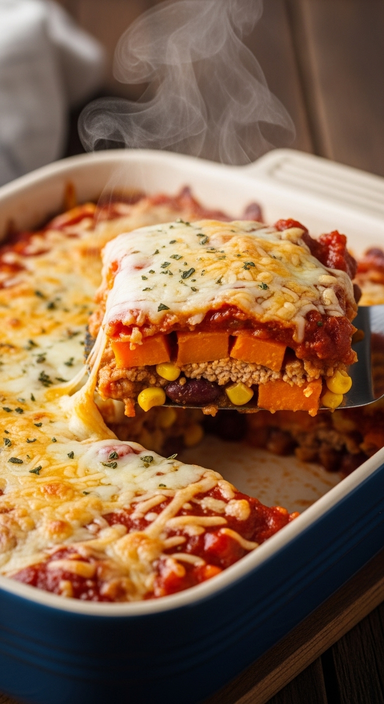 Sweet-Potato-Turkey-Casserole-Cheese-Bubbling-Serving-Spatula