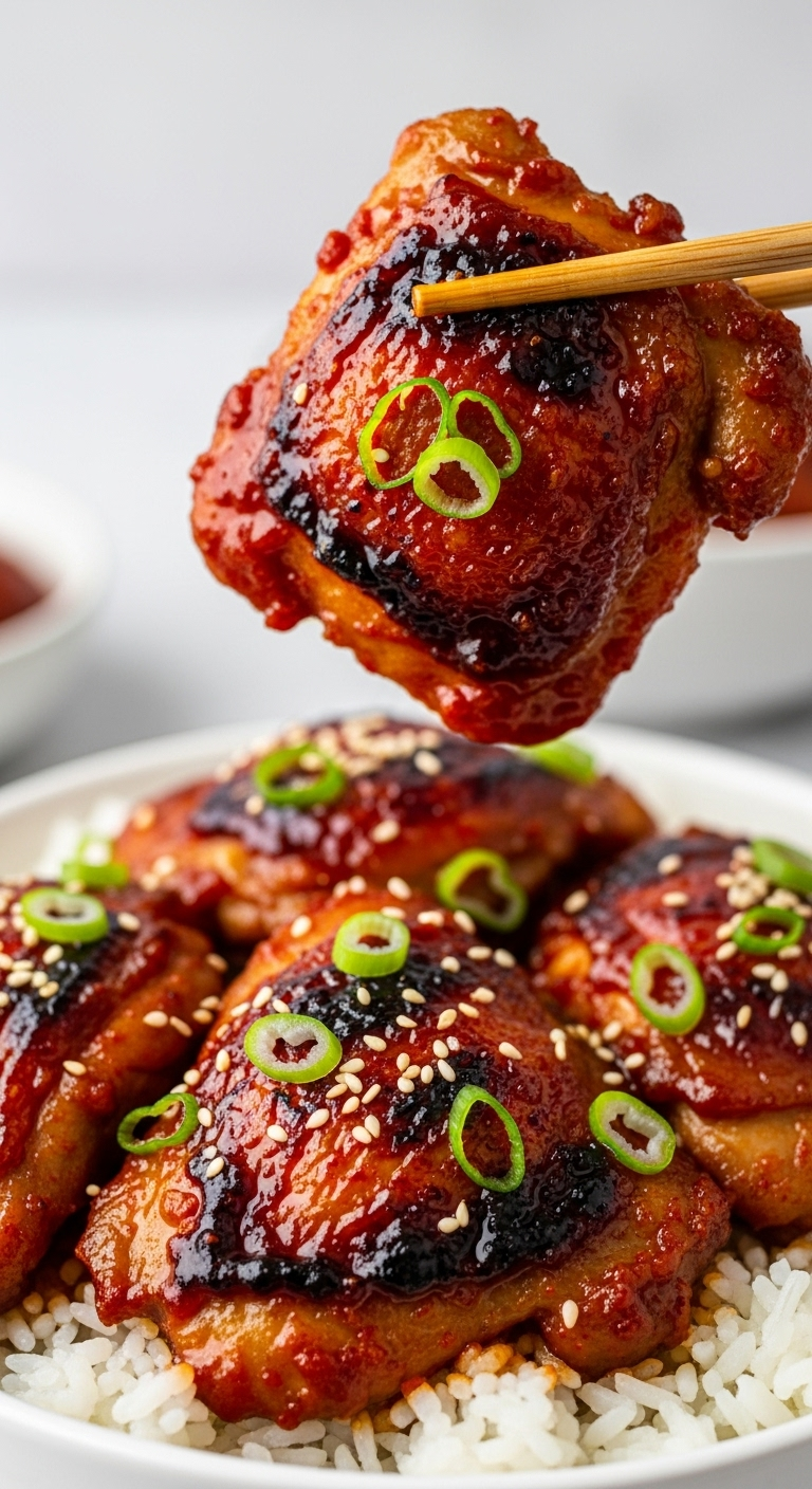 Sweet-Spicy-Gochujang-Chicken-Thighs-Over-White-Rice-With-Scallions