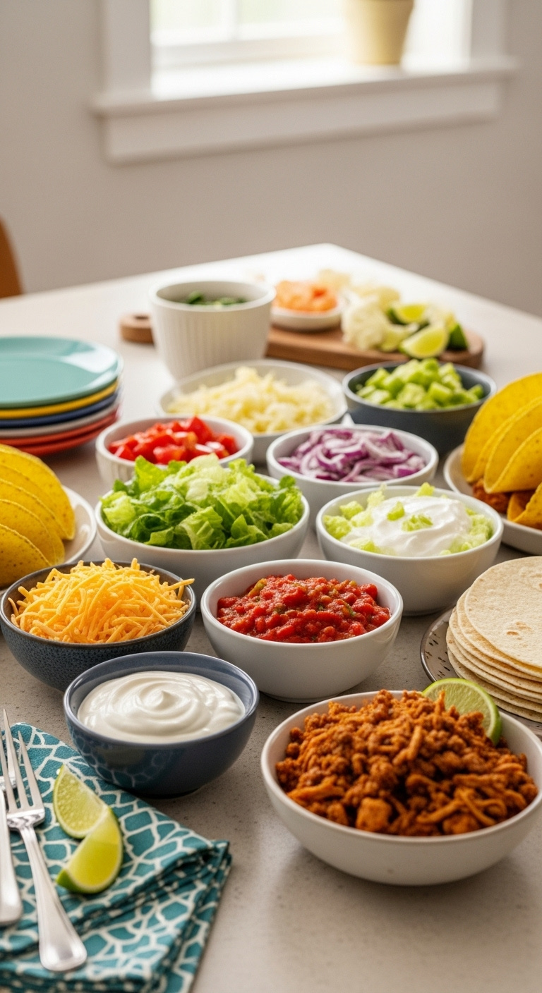 Taco Bar With Fresh Toppings Shredded Cheese Salsa Sour Cream Ground Beef Tortillas