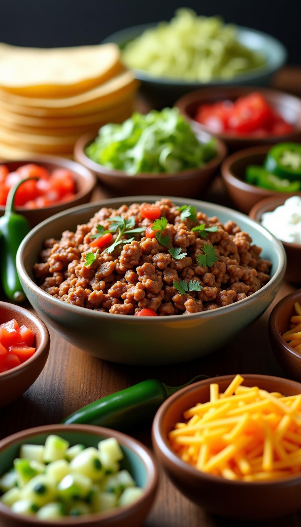 Taco Bar With Quick Ground Taco Meat And Colorful Toppings Including Lettuce Tomatoes Cheese And Jalapenos