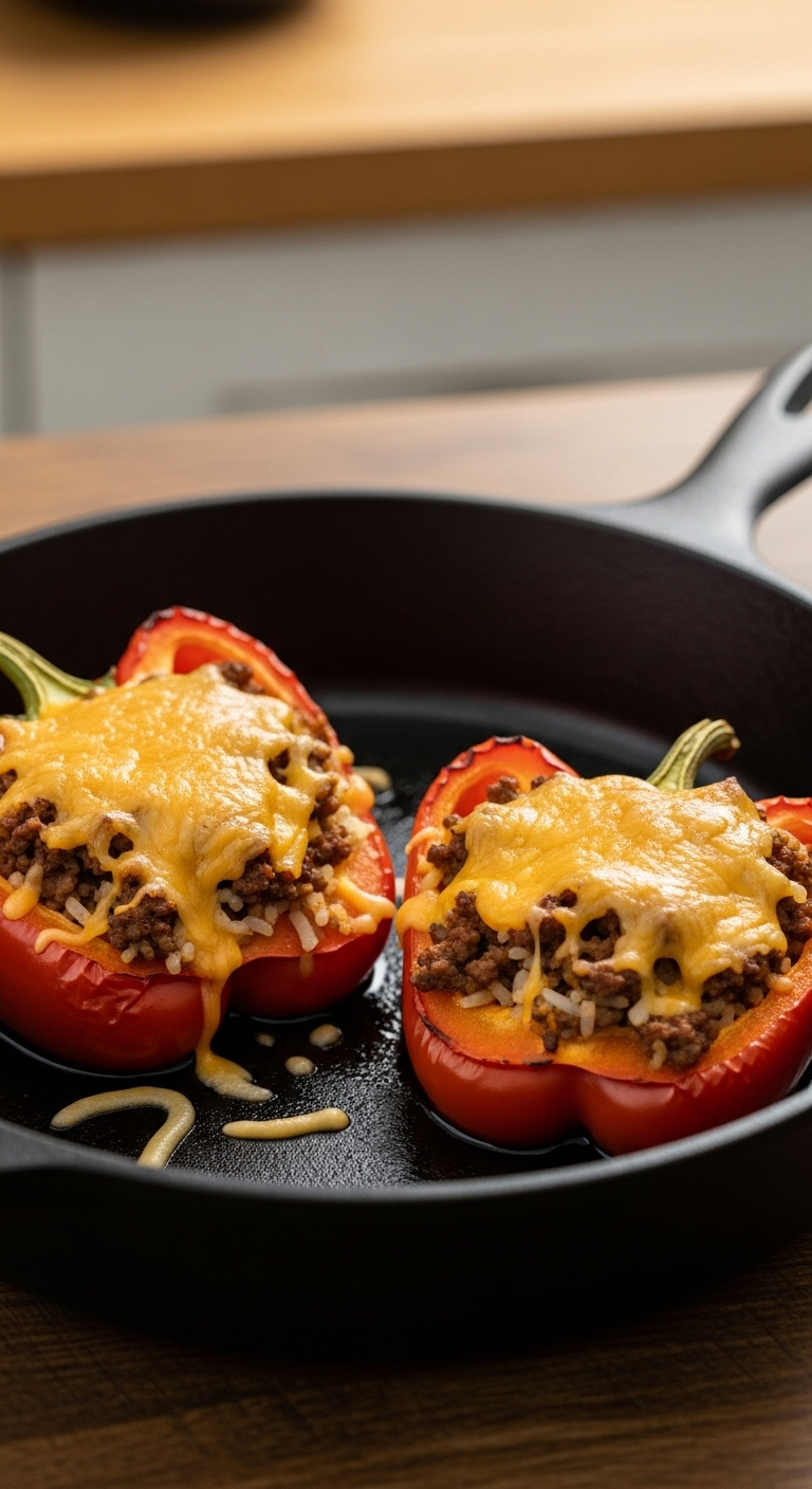 Taco-Stuffed-Bell-Peppers-With-Ground-Beef-Rice-And-Melted-Cheddar-In-Cast-Iron-Skillet