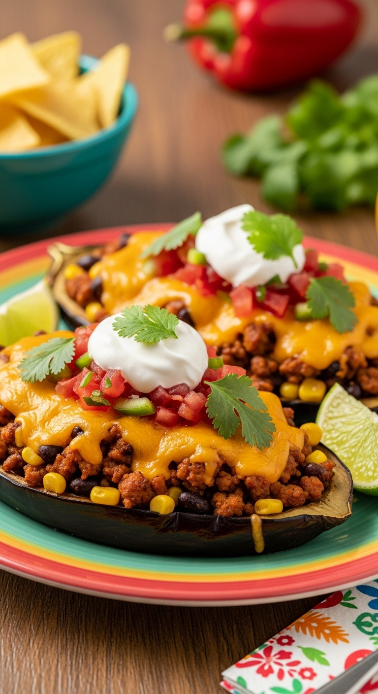 Taco Stuffed Eggplant Boats With Seasoned Turkey Black Beans Corn Melted Cheddar Sour Cream Salsa Cilantro On Colorful Plate With Lime And Chips