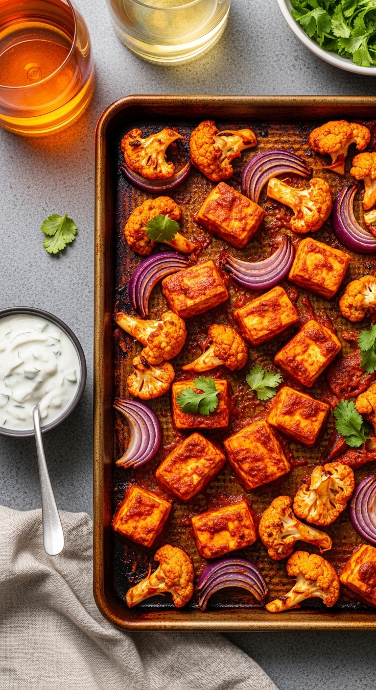 Tandoori-Tofu-Veggies-Sheet-Pan-Cauliflower-Purple-Onion-Raita-Cilantro