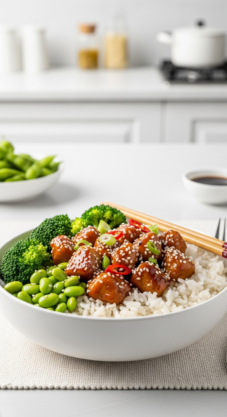 Teriyaki Chicken Broccoli Edamame Sesame Seeds Jasmine Rice Teriyaki Sauce Chopsticks Ceramic Bowl Textured Placemat Vertical
