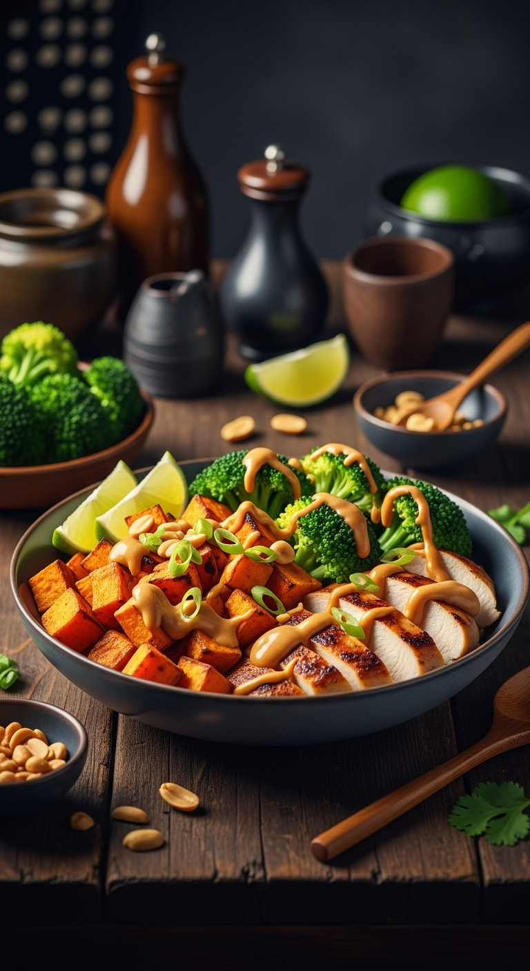 Thai Peanut Chicken Sweet Potato Bowl Roasted Sweet Potato Grilled Chicken Broccoli Peanut Sauce Crushed Peanuts Green Onions Rustic Wood Vertical