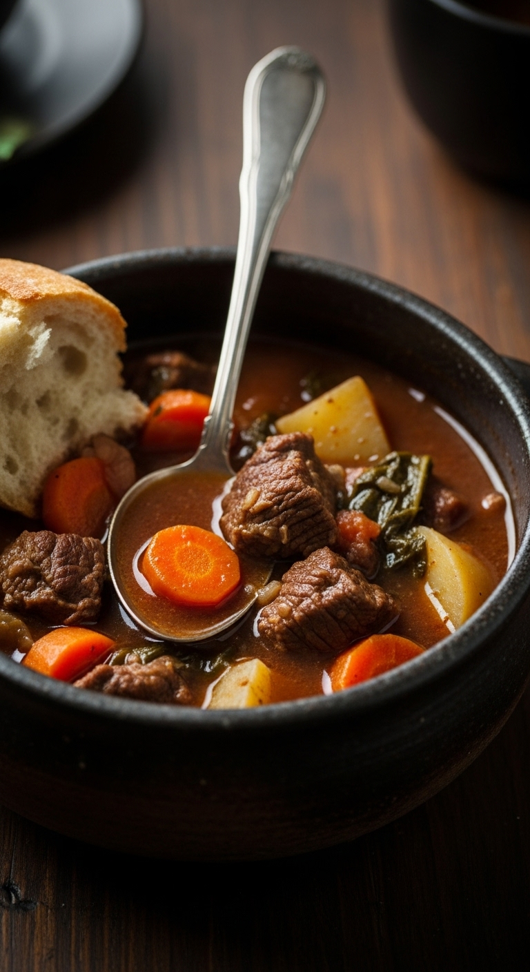 Thick Beef Stew With Chunks Of Beef Carrots Potatoes And Crusty Bread In Rustic Stoneware Bowl On Dark Wood Table With Soft Warm Lighting