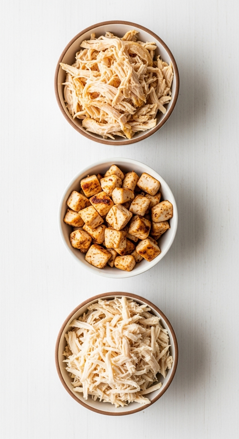 Three Bowls Of Shredded Grilled Boiled And Rotisserie Chicken For Spaghetti