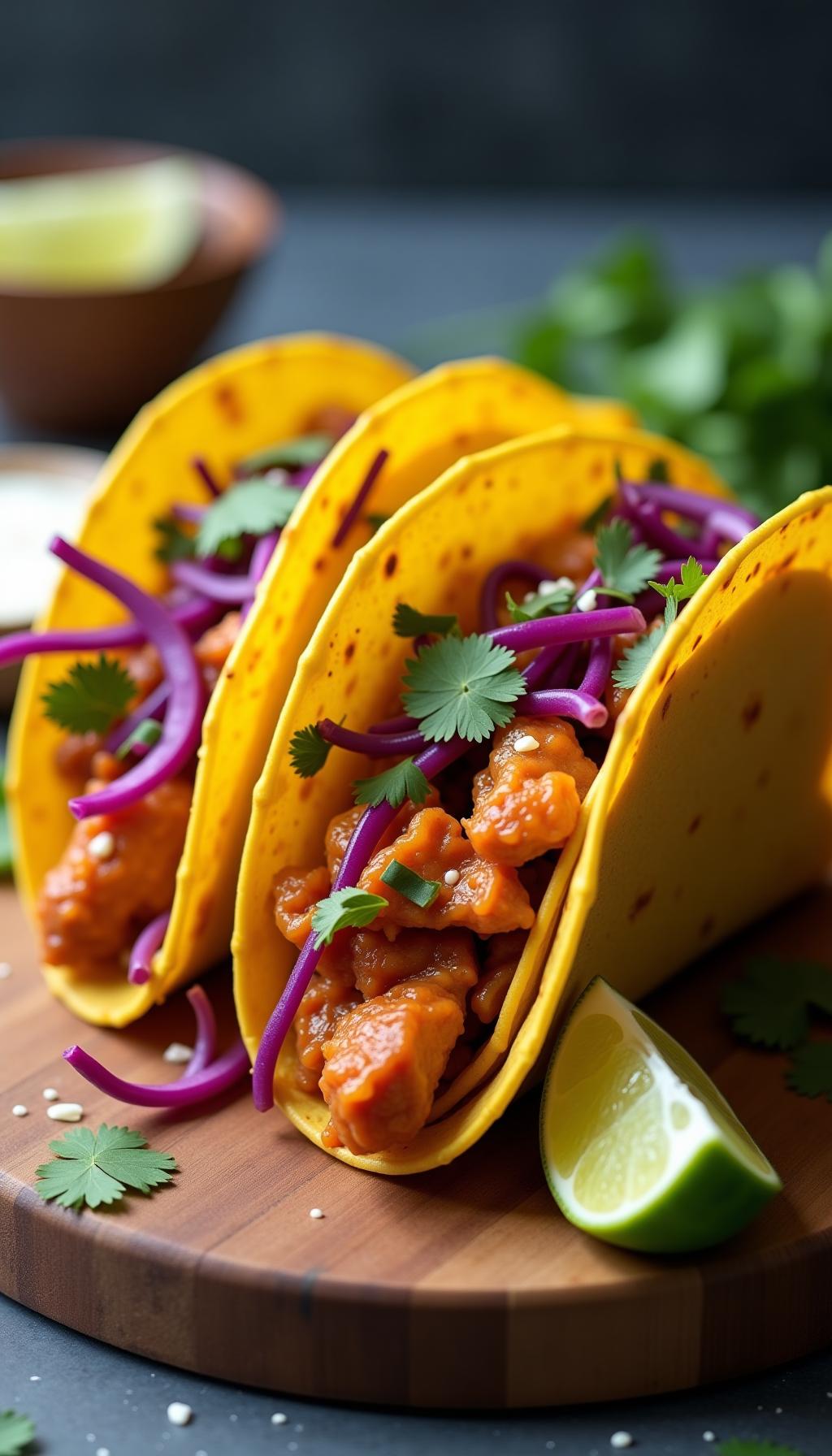Three Chicken Tacos With Red Chicken Purple Cabbage Yellow Tortillas Cheese Cilantro And Lime Wedge