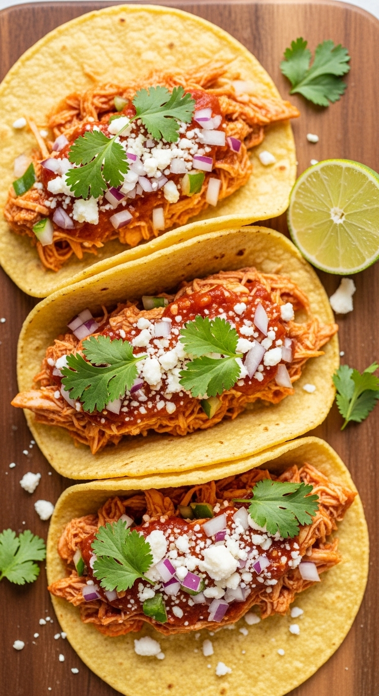 Three Street Style Tacos With Salsa Chicken Cilantro Onion Cotija Cheese And Lime Wedge On Wooden Board With Vibrant Colors