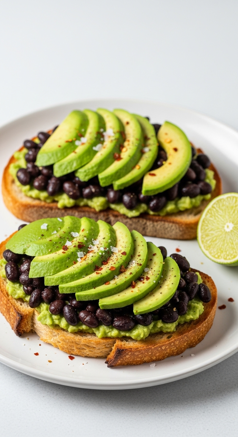Toasted Artisan Bread With Mashed Black Beans Avocado Slices Red Chili Flakes And Lime Wedge On Minimalist Plate