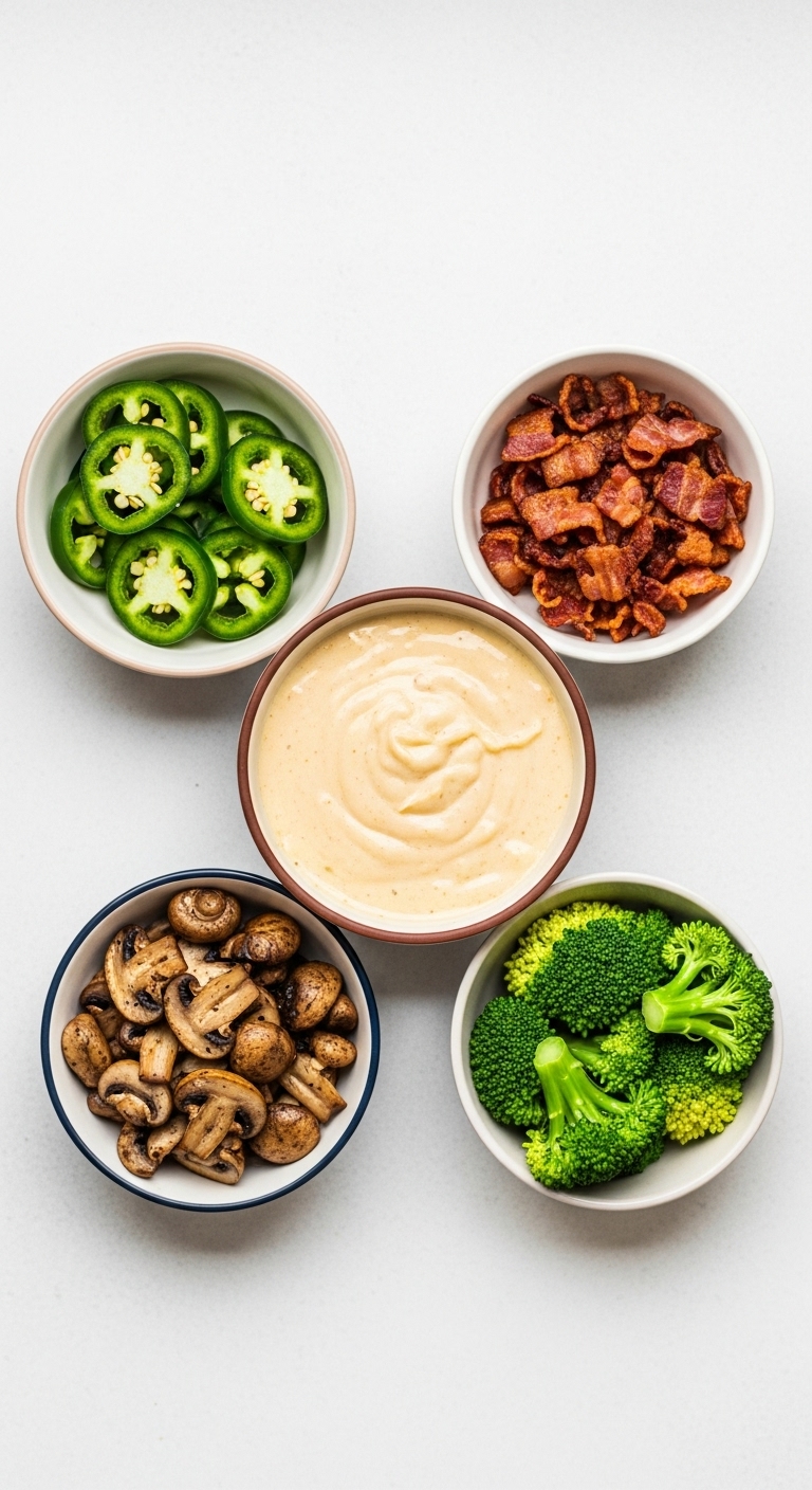 Top-Down Shot Of Bowls With Sliced Jalapeños Crumbled Bacon Sautéed Mushrooms Steamed Broccoli And Creamy Cheese Sauce