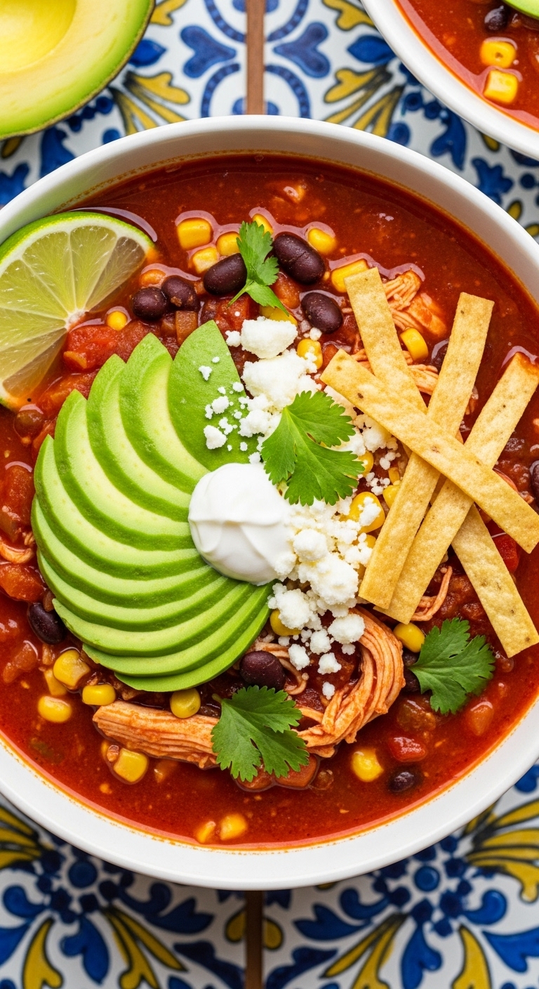 Top-Down Shot Of Chicken Tortilla Soup With Avocado Crema Cotija Cheese And Tortilla Strips On Vibrant Tile Surface