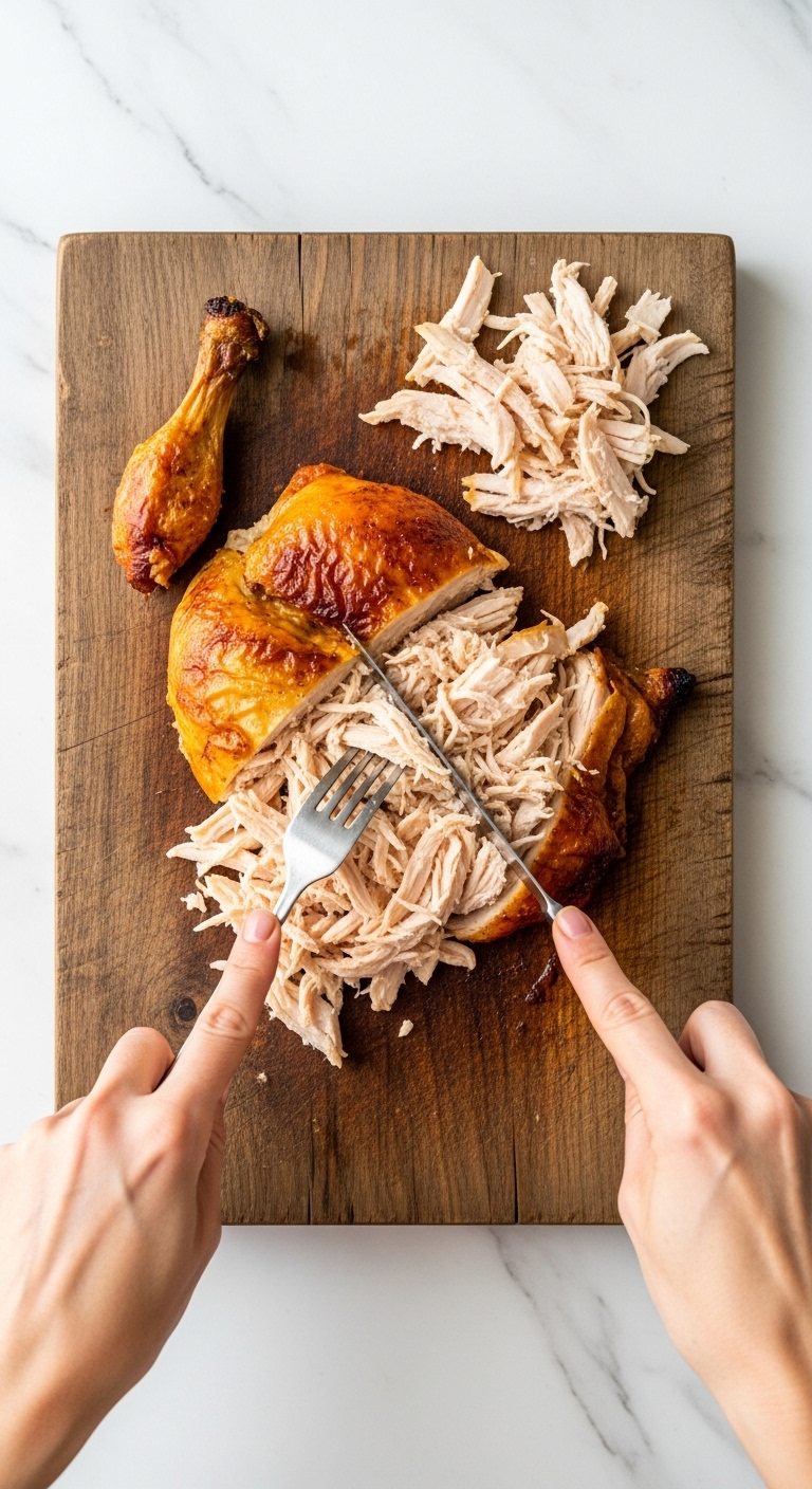 Top-Down Shot Of Hands Shredding Juicy Rotisserie Chicken On Rustic Cutting Board With Pops Of Gold And Natural Wood Background