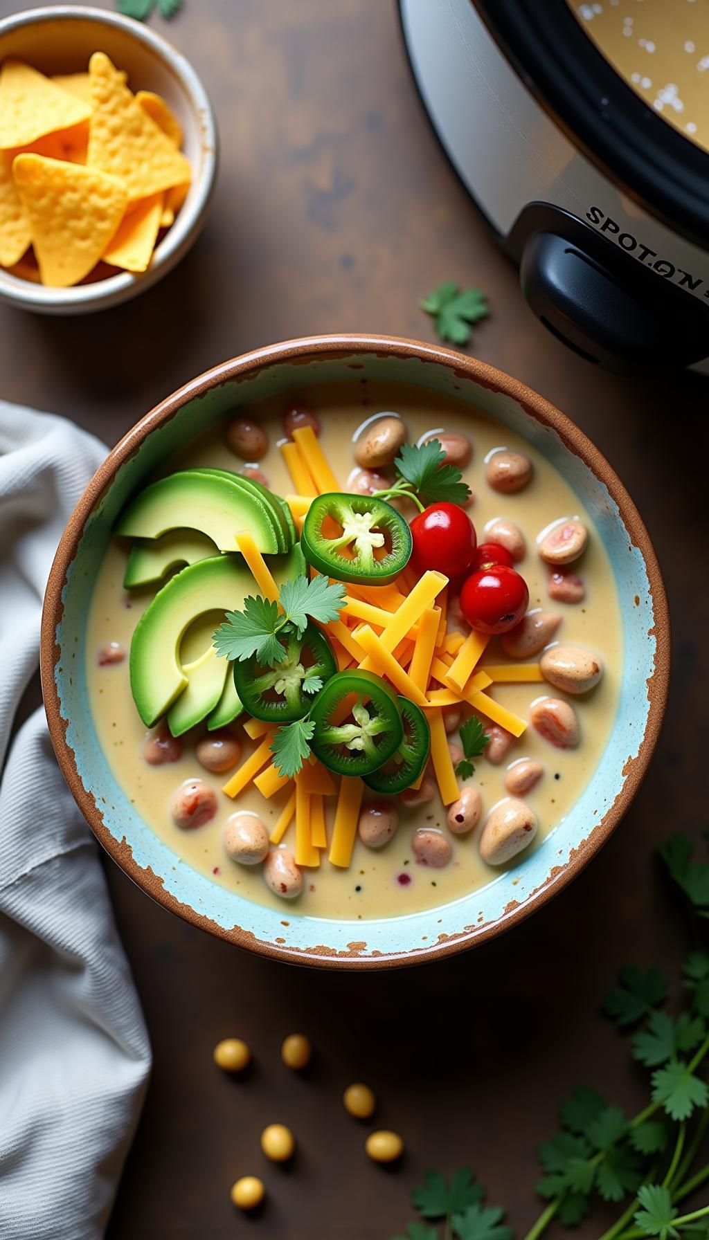 Top Down Shot Of White Chicken Chili With Avocado Cilantro Jalapenos Cheese And Tortilla Chips