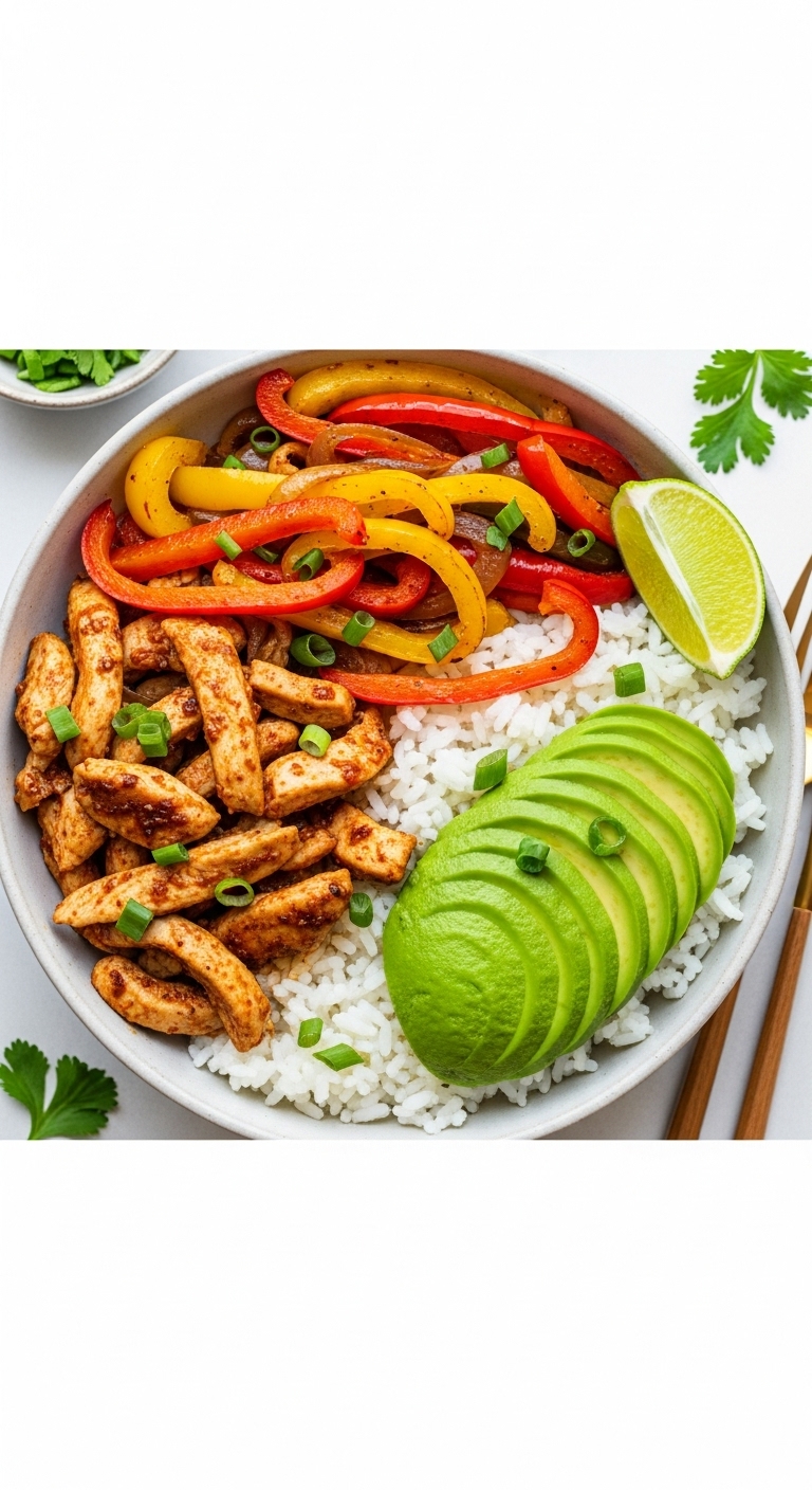 Top-Down View Of Chicken Fajita Bowl With Rice Seasoned Chicken Sautéed Peppers Onions Avocado And Lime Wedge