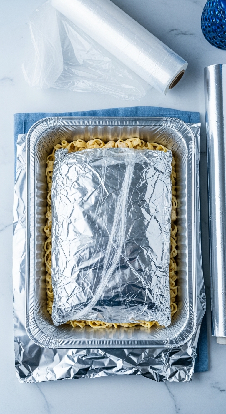 Top-Down View Of Unbaked Chicken Tetrazzini In Aluminum Foil Pan Wrapped In Plastic Wrap And Foil For Freezer