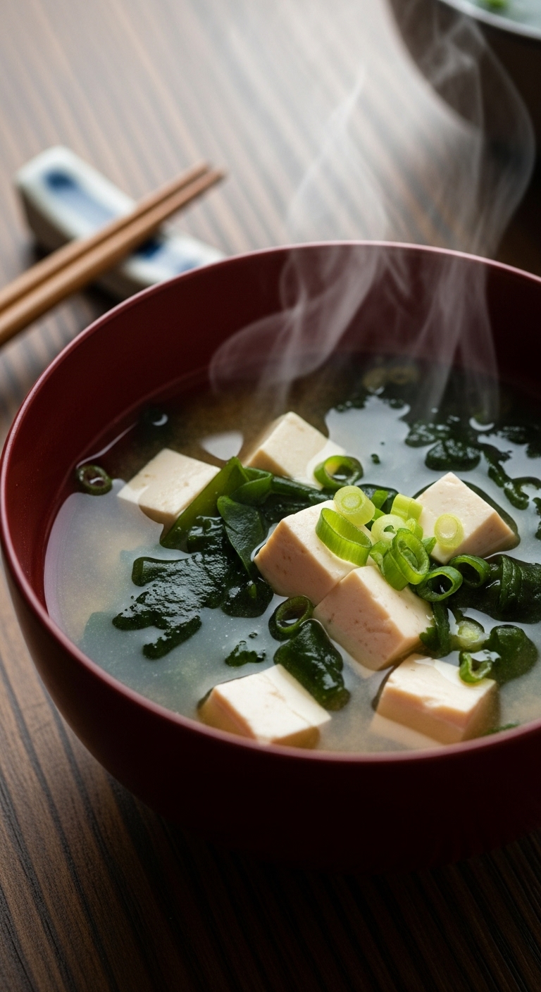 Traditional Japanese Miso Soup Tofu Wakame Scallions Chopsticks Blog Post