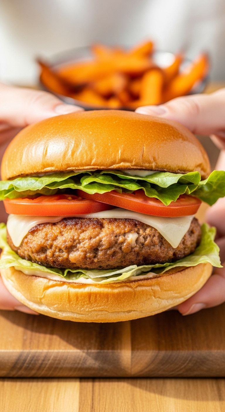 Turkey-Burger-Toasted-Bun-Lettuce-Tomato-Sweet-Potato-Fries