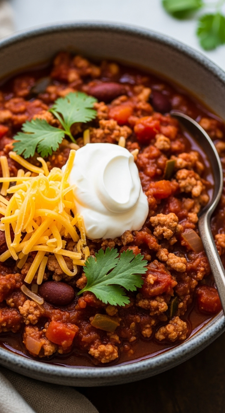 Turkey-Chili-No-Beans-Sour-Cream-Cheddar-Cilantro-Rustic-Bowl