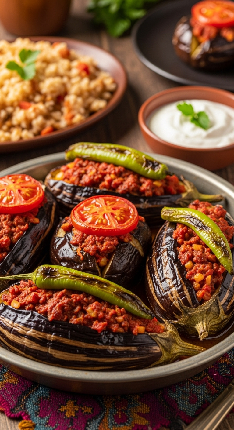 Turkish Stuffed Eggplant Karniyarik In Dish With Spiced Lamb And Tomato Filling Topped With Tomato And Green Pepper With Pilaf And Yogurt