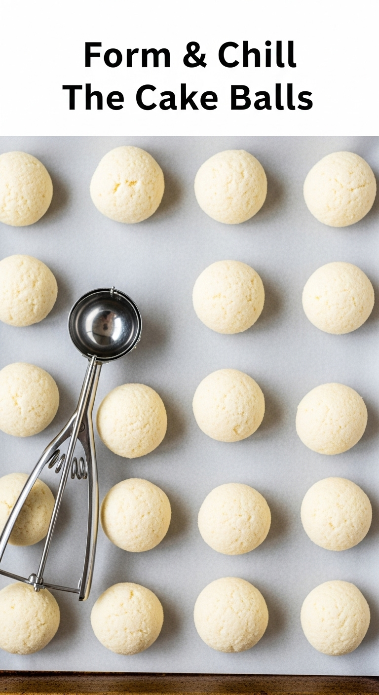 Vanilla Cake Balls On Parchment Lined Baking Sheet With Cookie Scoop For Starbucks Birthday Cake Pops Recipe