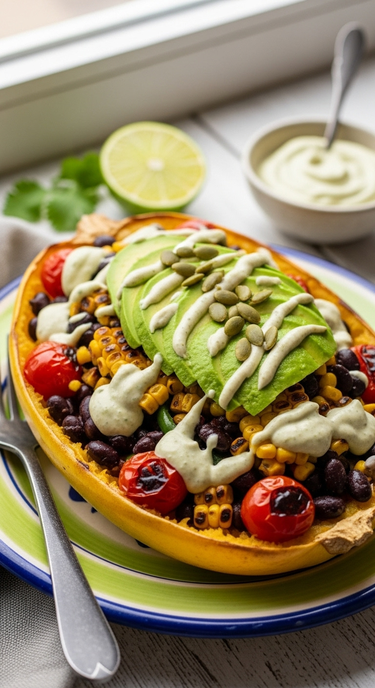 Vegan Spaghetti Squash Burrito Bowl With Black Beans Corn Tomatoes Poblano Cashew Sauce Avocado And Pepitas On Rustic