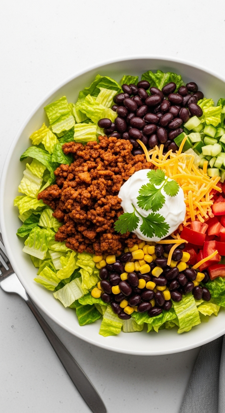 Vibrant-Taco-Salad-With-Ground-Beef-Black-Beans-Corn-Tomatoes-And-Sour-Cream