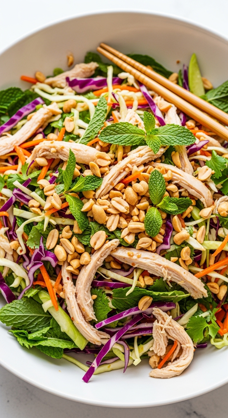 Vibrant Vietnamese Chicken Salad In White Bowl With Shredded Cabbage Carrots Mint Chicken And Chopped Peanuts