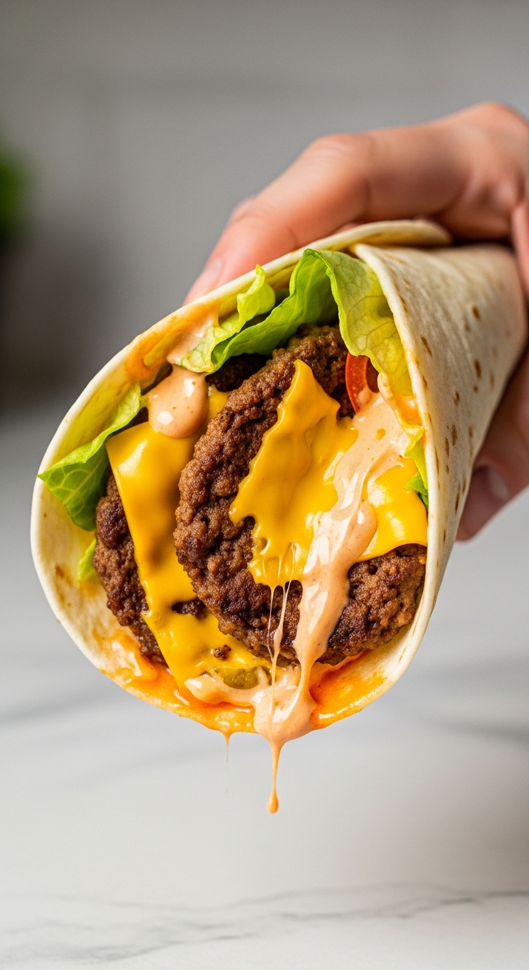 Viral-Big-Mac-Smash-Taco-Wrap-Melted-Cheese-Special-Sauce-Crispy-Meat-Dripping-Kitchen-Counter
