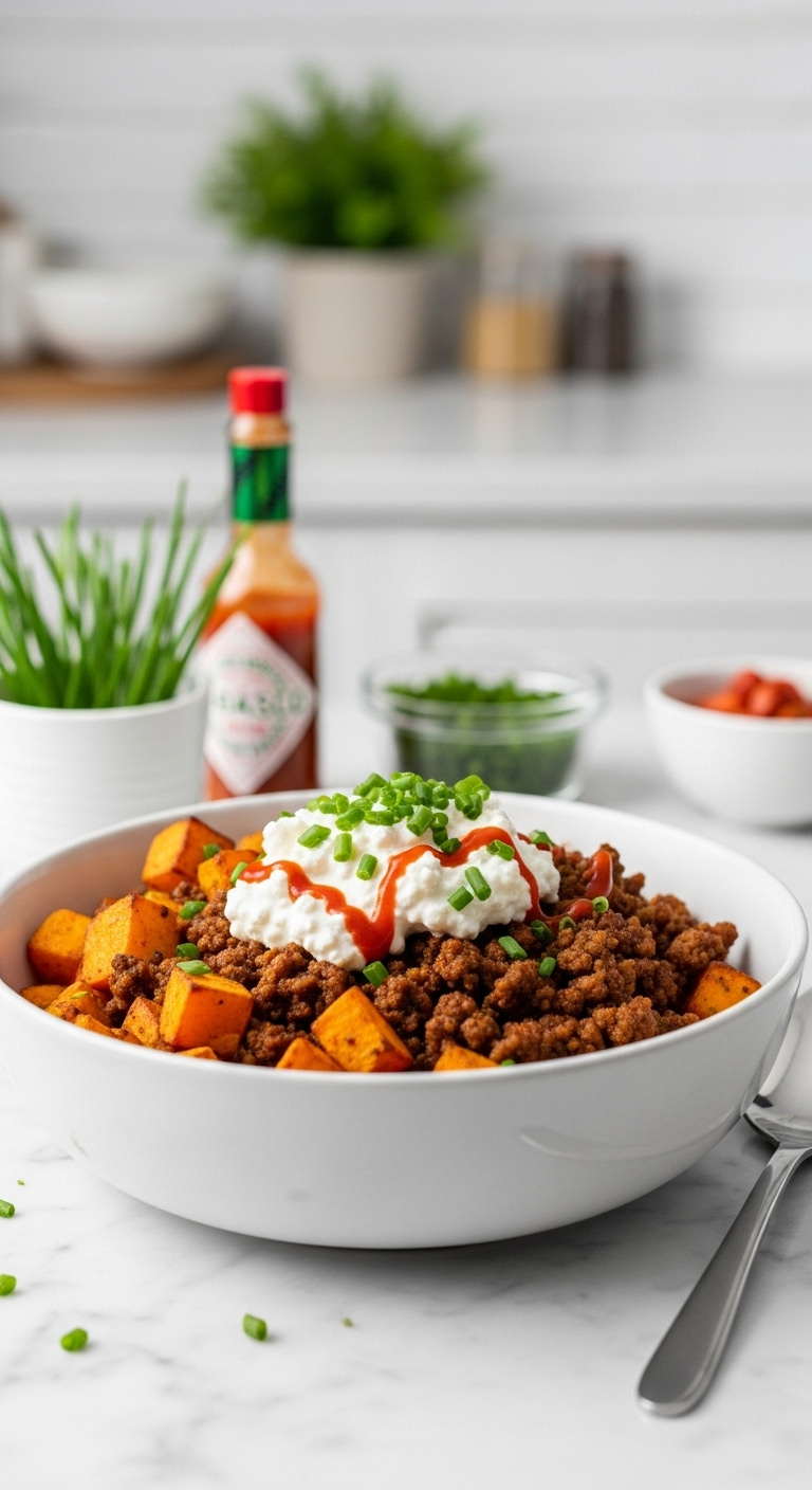 Viral Cottage Cheese Sweet Potato Beef Bowl Hot Sauce Chives Marble Countertop Modern Kitchen