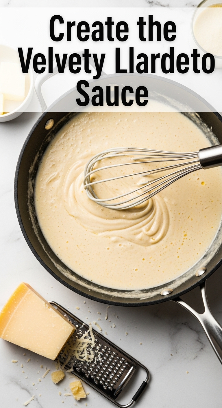 Whisk Swirling Creamy Alfredo Sauce In Skillet With Parmesan Block