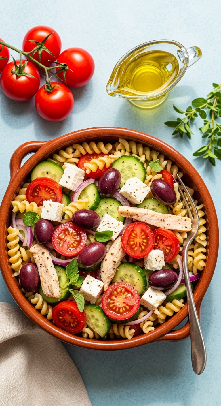 Zesty Greek Chicken Pasta Salad With Tomatoes Cucumbers Olives Feta And Olive Oil Dressing In Terracotta Bowl