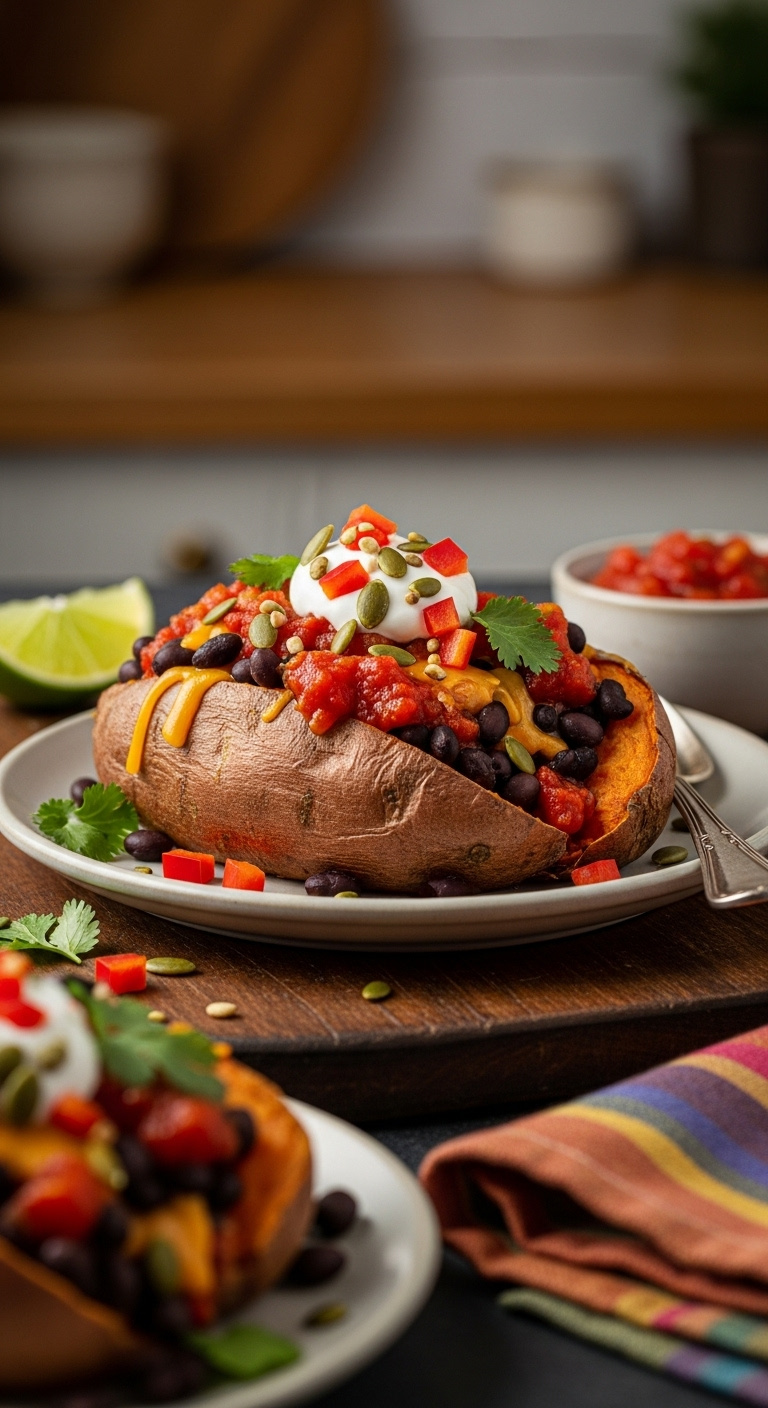 Zesty Mexican Black Bean Cheese Sweet Potato Topped With Salsa Sour Cream Cilantro Pepitas Lime Wedge Rustic Dark Wood Board Vertical