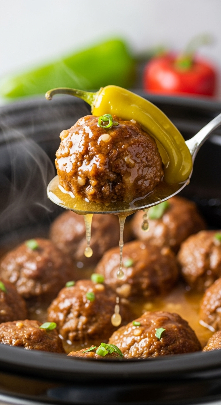 Zesty-Mississippi-Meatballs-Lifted-From-Slow-Cooker-With-Buttery-Sauce-Peperoncini