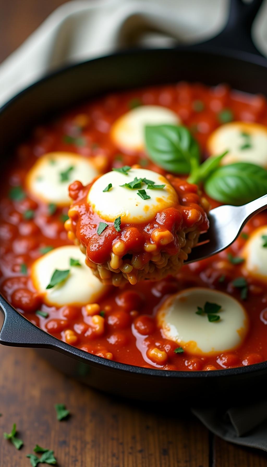 Zucchini And Ground Turkey Skillet With Ricotta Mozzarella And Fresh Basil In Marinara Sauce