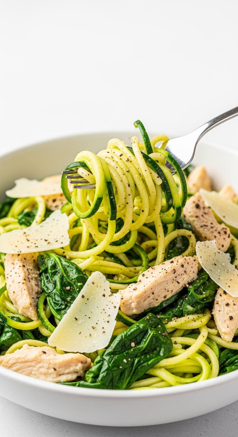 Zucchini Noodles With Chicken Parmesan And Spinach In White Bowl With Fork Twirling Zoodles